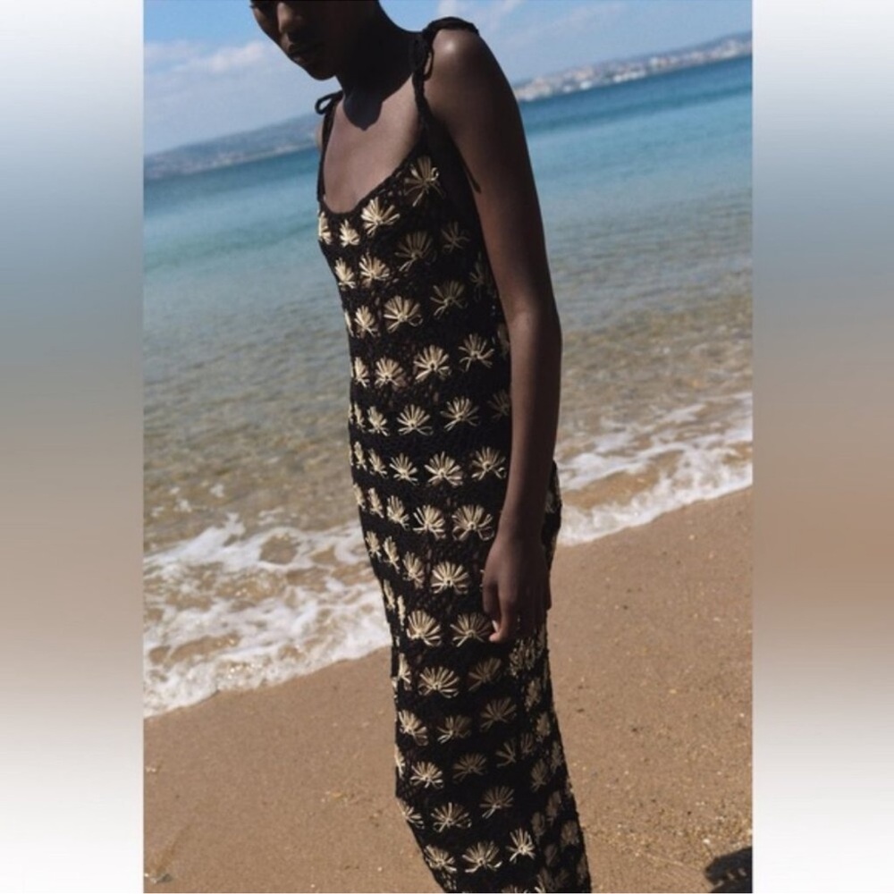 Zara Black Maxi Dress with Gold Shell Embroidery